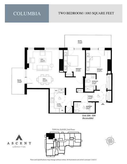 Floor plan for 2 beds, 2 baths, 1083 sqft